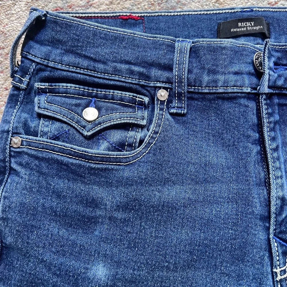 EUC‼️True Religion Ricky Relaxed Straight Jeans Dark Wash Blue Denim Mens 32x32